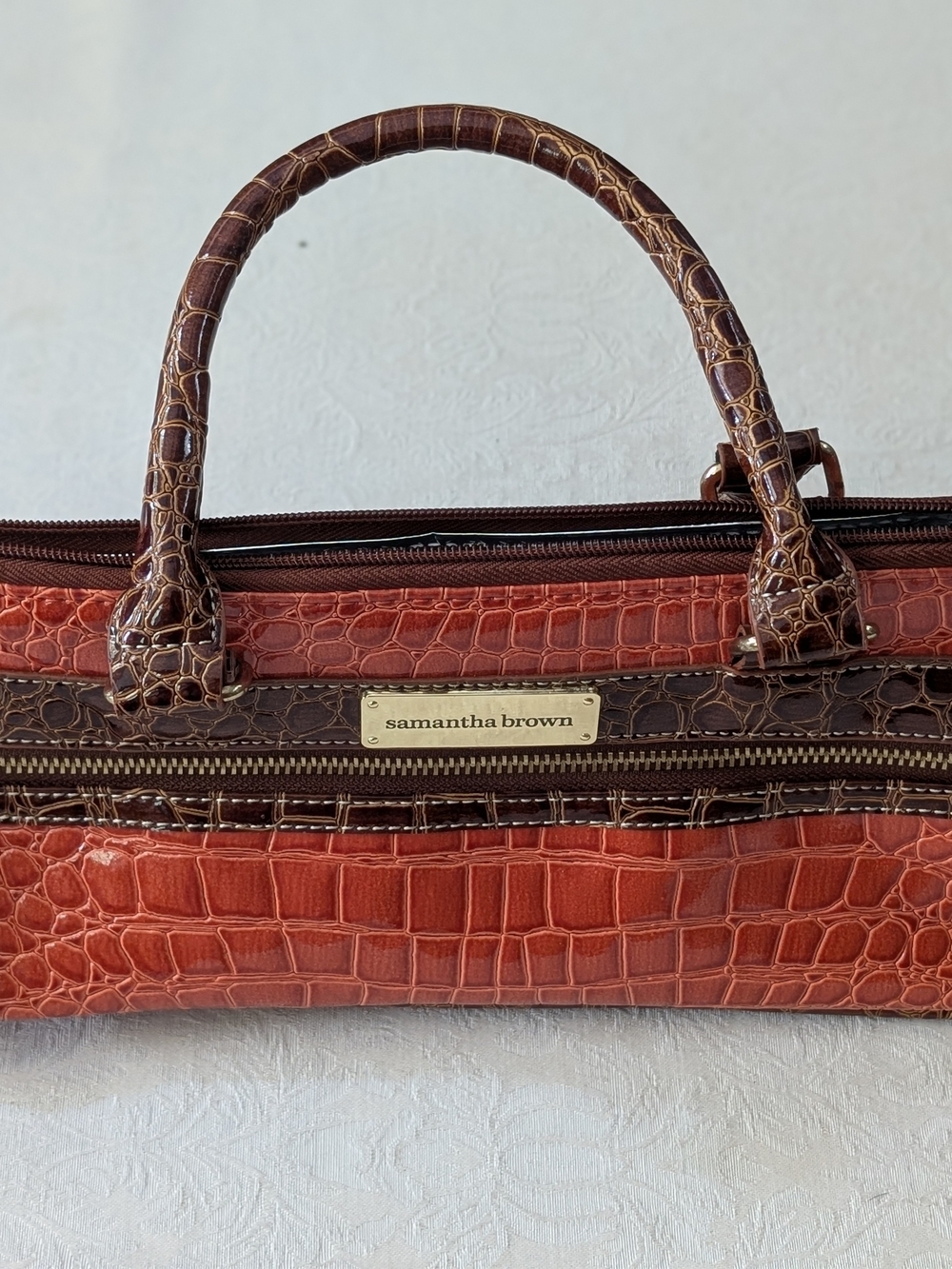 Samantha Brown Croc Embossed Zip-Around Lunch Bag Case w/ Handle Brown Orange